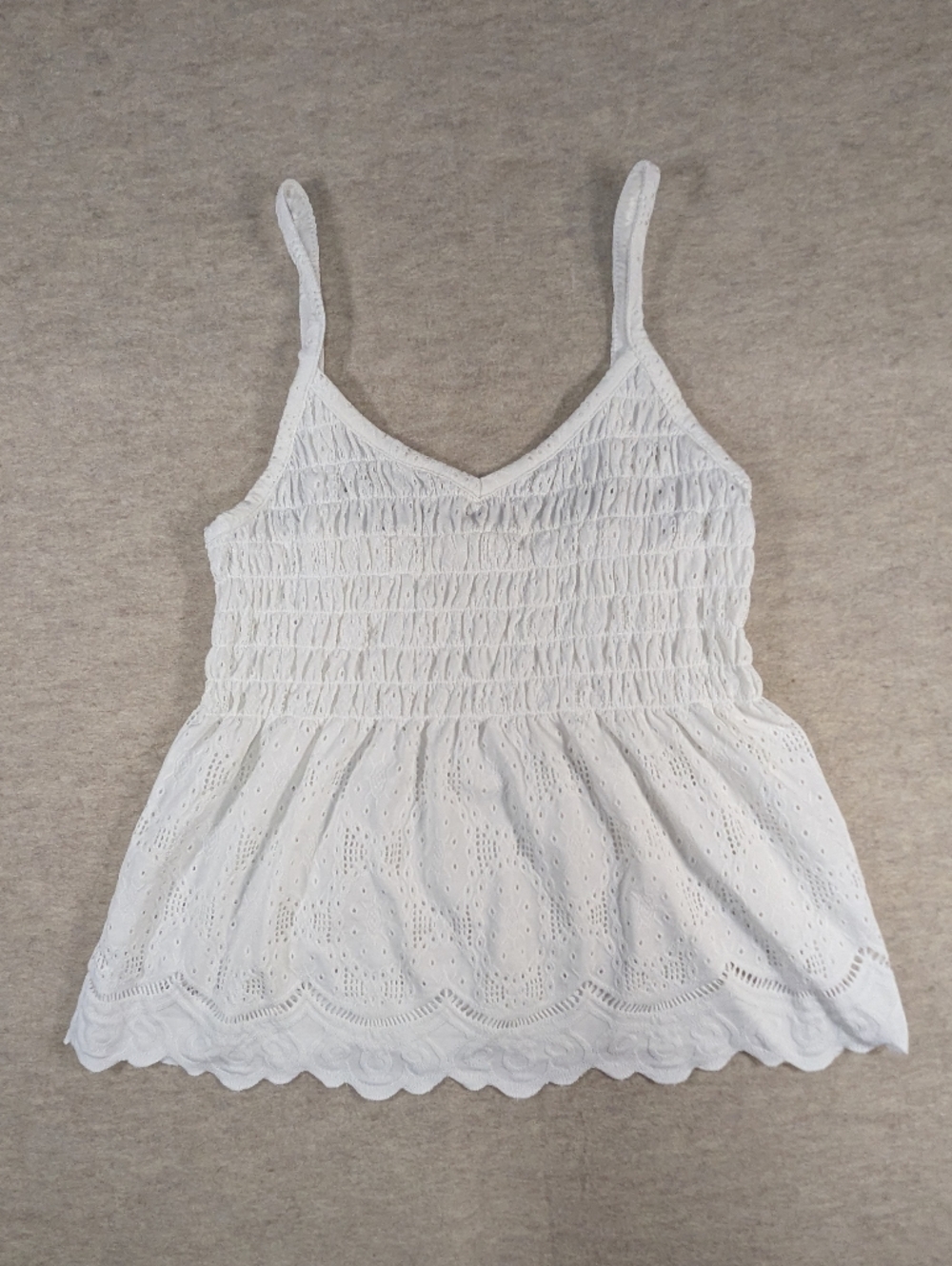 Kirious White Smocked Eyelet V Neck Strap Top Blouse Summer Festival Country Lar